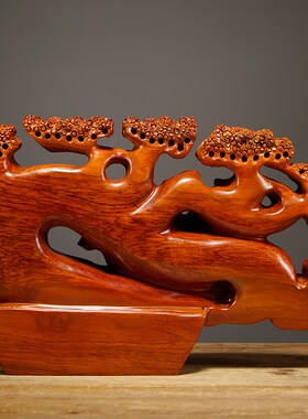 花梨实木雕刻迎客松摆件红木家居客厅办公装饰工艺品店铺开业礼品