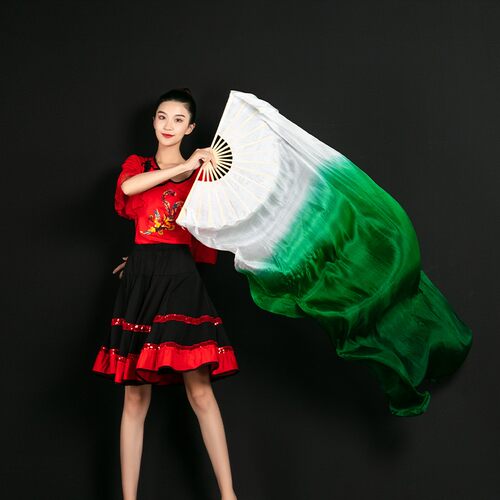 现货真丝舞蹈扇子舞渐p变表演古典舞中国舞蹈加长绸白渐变墨绿色