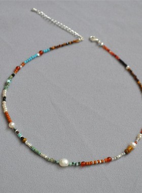 新中式复古潮流彩色手工串珠项链女小众设计感淡水珍珠锁骨链项链