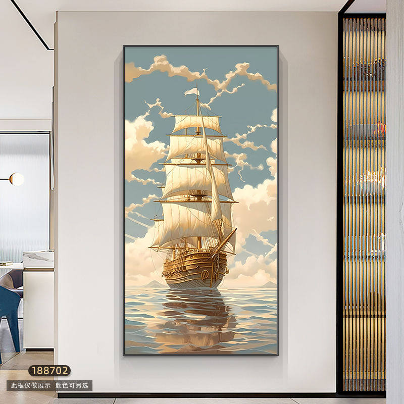 乘风破浪玄关装饰画入户走廊过道挂画大一帆风顺挂画进门竖版壁画