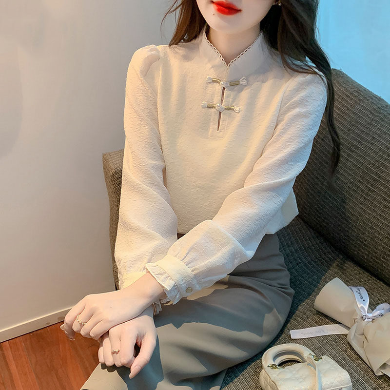 中国风长袖雪纺衬衫女秋冬2023新款洋J气加绒加厚盘扣打底小衫短