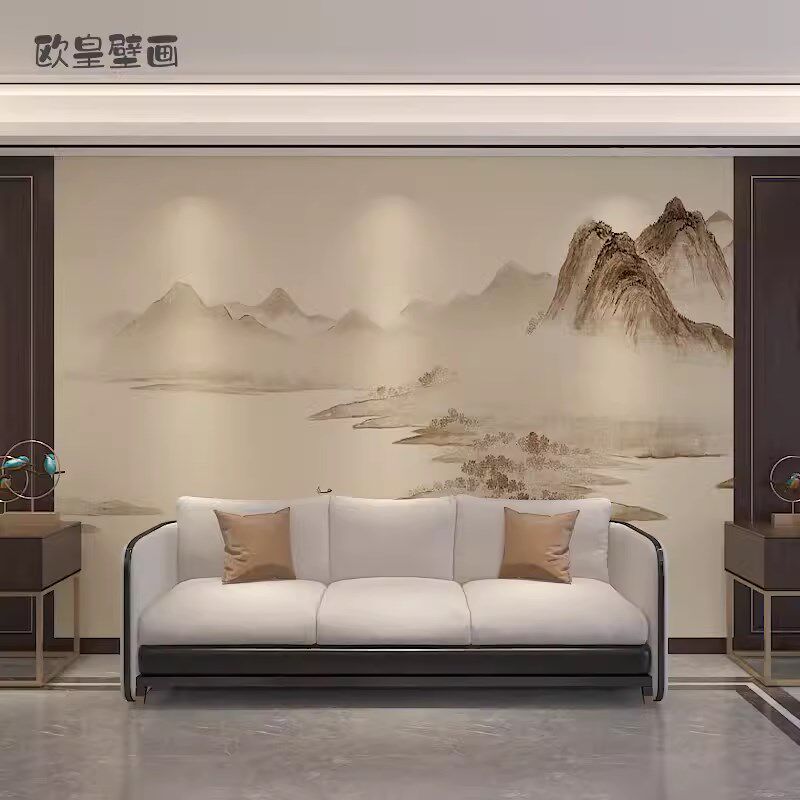 新中式壁布电视背景墙卧室客厅沙发影视墙纸淡黄暖色系山水8D壁画
