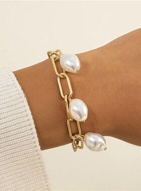 小众高货Punk Imitation Pearl Lock Chain Bracelets Women Wedd