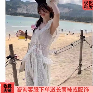 甜美系之神叠穿连衣裙过膝新款蕾丝钩花高级感海滩渡假氛围感内搭
