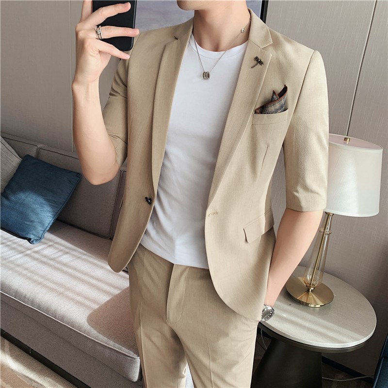 夏季七分袖纯色西服套装男薄款修身潮流九分裤短袖西装中袖两件套