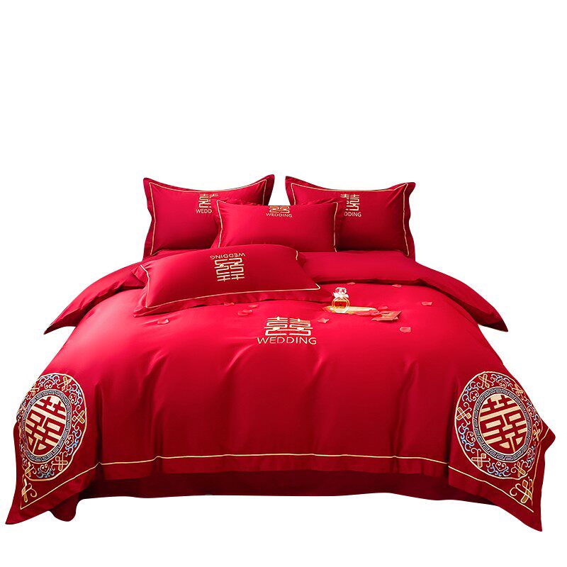 中式红色婚庆喜被四件套结婚婚全棉被套婚床陪嫁床上用品,床上用品,婚庆床品套件,淘宝优惠券,粉丝福利购,淘宝优惠卷