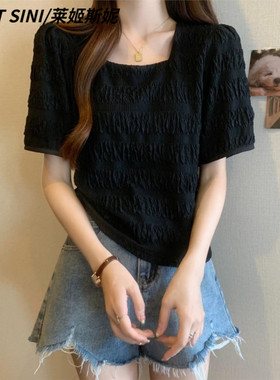 肌理感方领泡泡袖T恤女夏季大码胖mm设计感小众宽松显瘦别致上衣