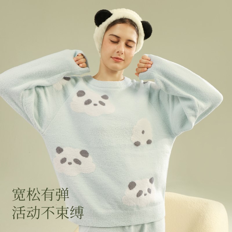 半边绒圆领套头睡衣女秋冬加绒保暖情侣家居服可外穿宽松套装