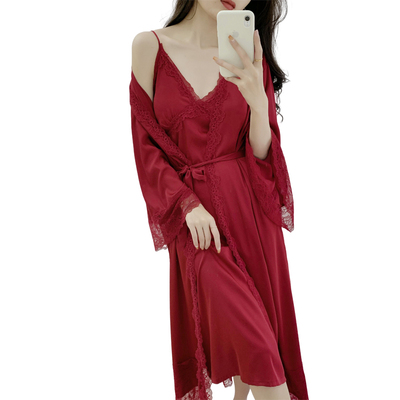 高级感红色长版丝绸睡袍法式结婚新娘晨袍性感蕾丝吊带睡衣两件套