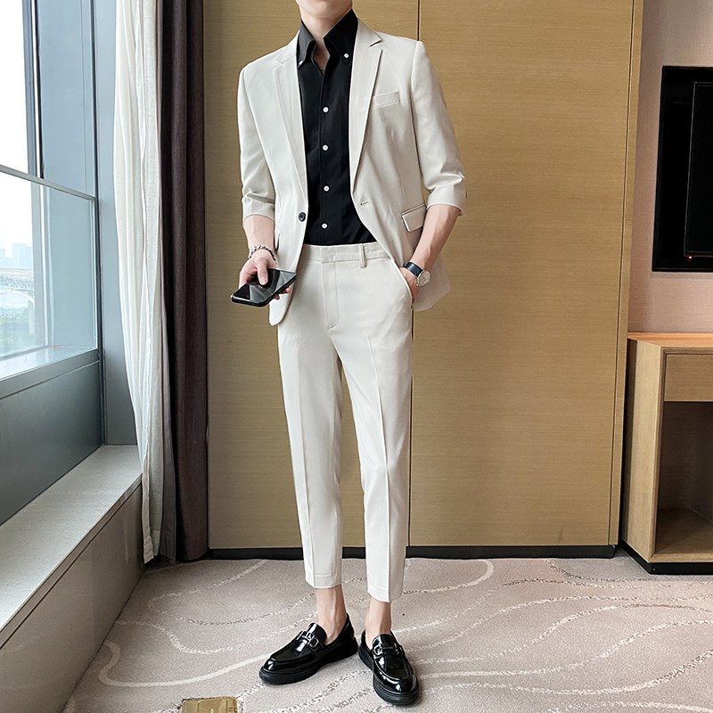 夏季男士休闲短袖小西服套装韩版修身九分裤西装两件套结婚礼服潮