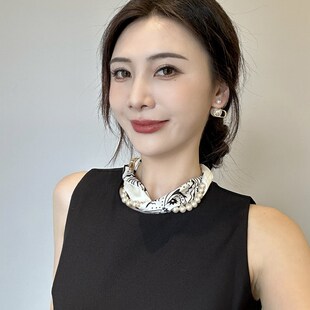 新款珍珠链条磁吸扣丝巾女韩版春夏季薄款护颈装饰吊坠领巾小围巾