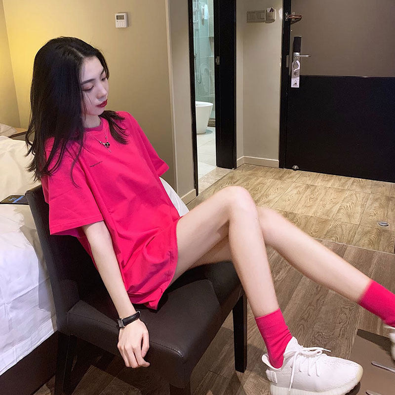 潮牌慵懒风简约字母印花短袖T恤女夏潮流下衣失踪宽松中长款上衣
