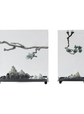 新中式禅意亚克力罩松山雪景摆件客厅样板间别墅玄V关售楼处装饰