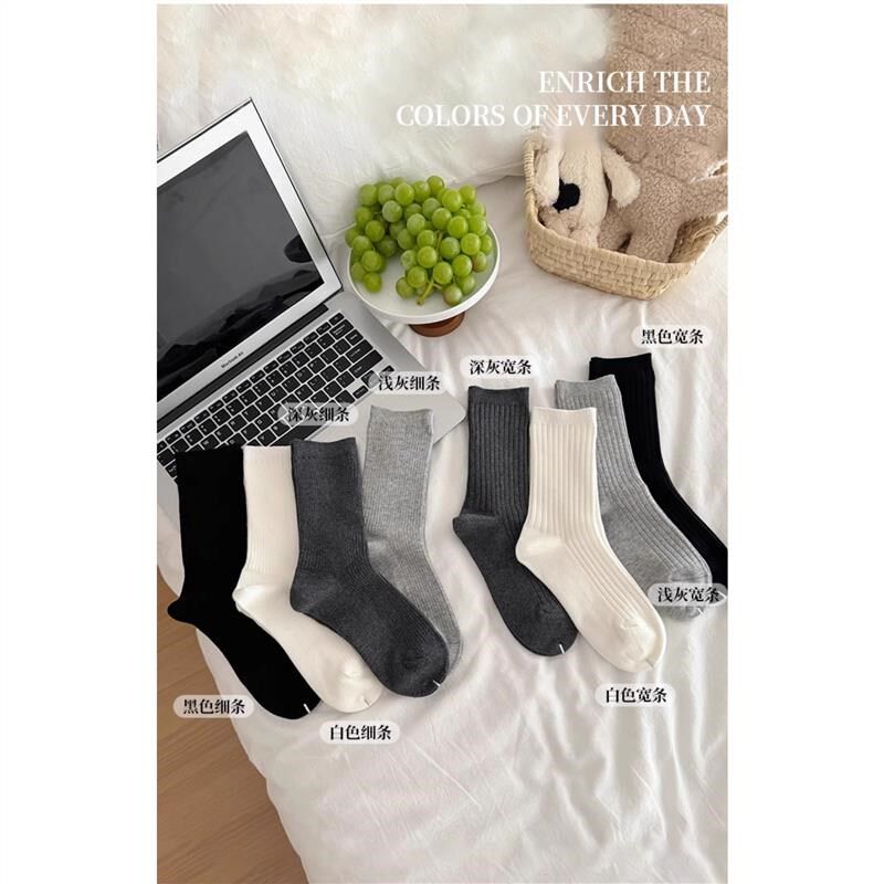 灰色袜子女中筒袜春秋款棉韩版长筒白色夏季薄款堆堆袜配小皮鞋
