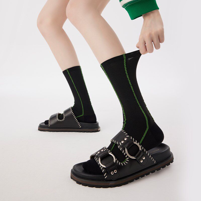 灰色中筒袜子女夏季薄款条纹冰冰袜配凉鞋夏天女袜堆堆袜配小皮鞋