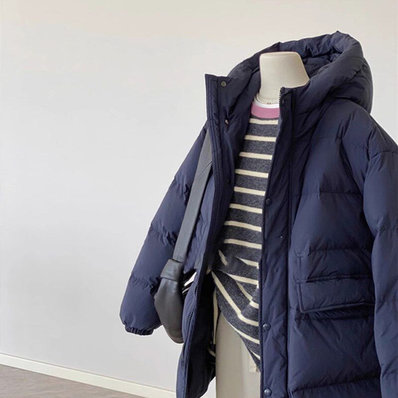 藏蓝色中长款棉服羽绒服外套女款冬季高端立领宽松保暖面包服大衣