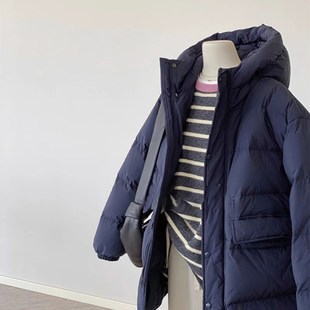 藏蓝色中长款棉服羽绒服外套女款冬季高端立领宽松保暖面包服大衣