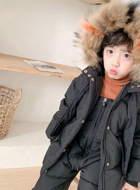 儿童羽绒服套装中小童加厚男童z女童外套保暖两件套韩版背带裤冬