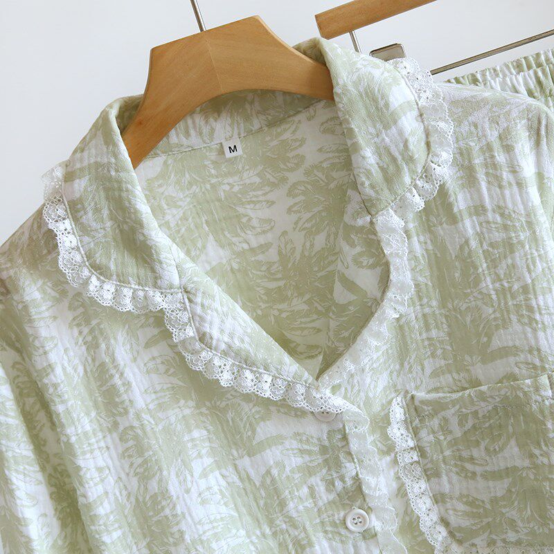 纱布宽松家居服女春秋长袖开衫甜美蕾丝套装薄款夏季宽松睡衣