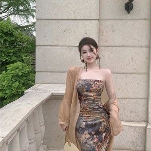 新中式 复古收腰包臀长裙气质裙子 夏季 禅意改良旗袍抹胸连衣裙女装