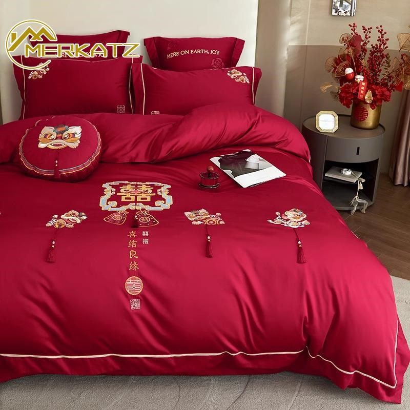 新中式结婚四件套100支长绒棉婚庆床上N用品全棉大红喜字被套,床上用品,婚庆床品套件,淘宝优惠券,粉丝福利购,淘宝优惠卷