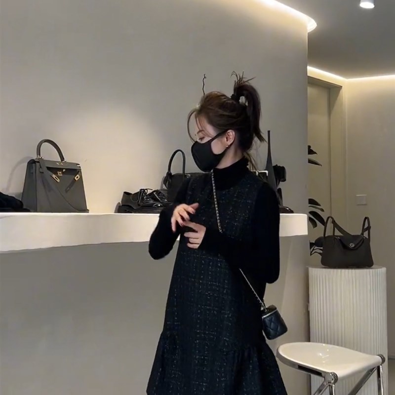 韩版爆款套装女2023年秋季新款时尚黑色打底衫宽松马甲裙两件套潮