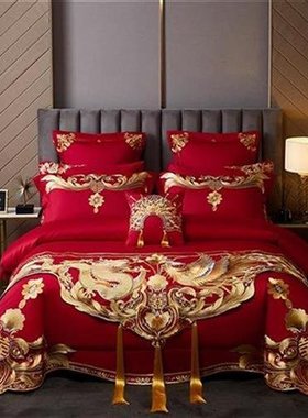 i婚庆四件c套大红色刺绣结u婚床上用品新婚礼喜庆床品Y婚房六件套