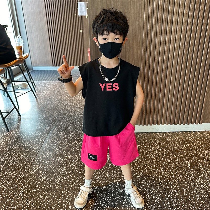 韩系时髦儿童洋气运动夏装2024新款潮流帅气休闲男童夏季无袖套装