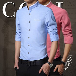 红色小立领衬衫男长袖春夏季圆领无领站领中式中山装国风占领衬衣