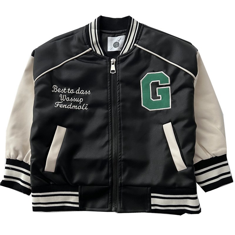 日系潮酷字母刺绣立领皮衣外套 男童春J秋宽松黑色棒球服夹克上衣