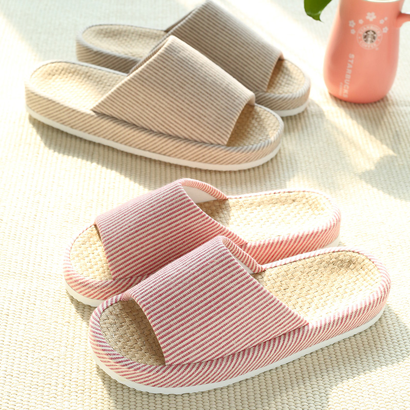 日式春秋冬季情h侣夏家居家男女家用木地板室内厚底防滑纯麻布拖