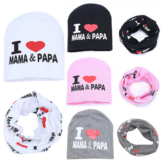 推荐2Pcs Cotton Baby Hat Scarf Set Spring I Love MAMA PAPA P