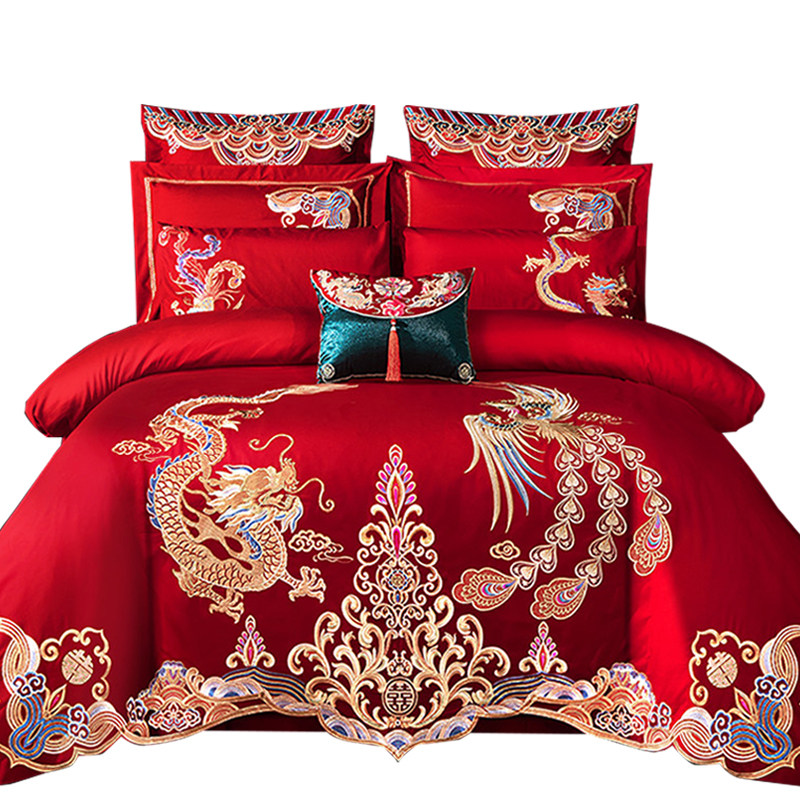 婚庆四件套大红刺绣龙凤被套新婚喜被绣花床上用品结婚六八十件套,床上用品,婚庆床品套件,淘宝优惠券,粉丝福利购,淘宝优惠卷