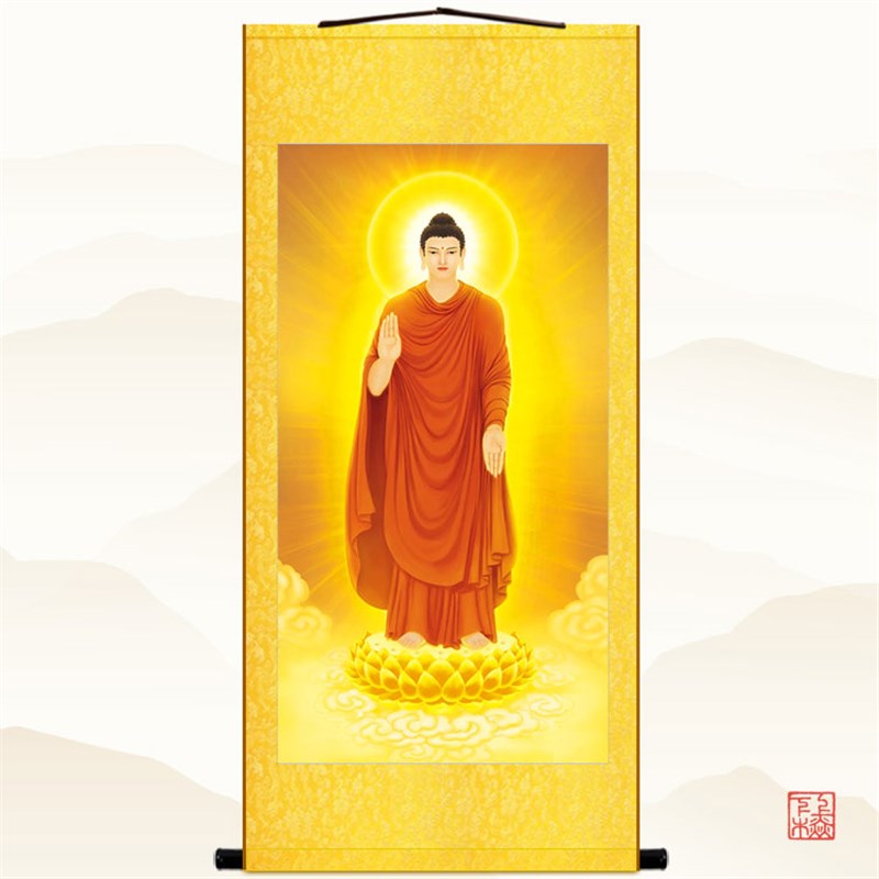 释迦牟尼佛站像图 佛堂如来佛祖佛像画 绢布材质卷轴挂画来图定制