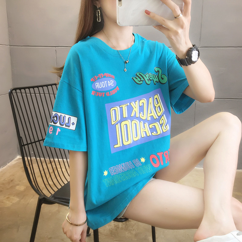 短袖t恤女夏季2023年新款韩版宽松显瘦印花中长款纯棉半袖上衣潮
