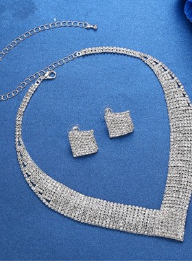 供应欧美流行大气水钻镀t银新娘饰品项链套装礼服婚纱配饰速卖通