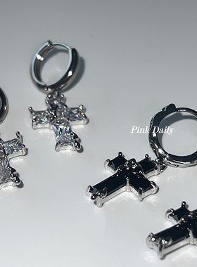 Pink Daily黑白色镶钻十字架耳扣辣妹锆石耳圈高级感小众耳环耳针