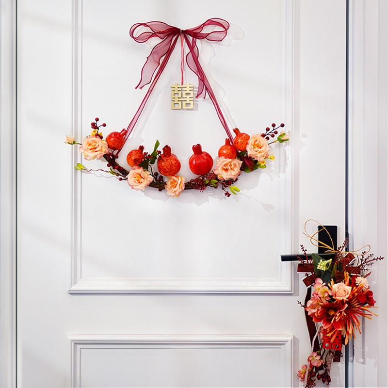 ins 网c红婚房布置结婚喜字拉花窗帘绑带花环挂饰新房门饰挂件装