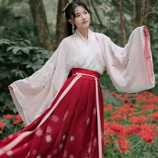 魏晋风汉服女梨花渡2023日常春夏M秋装红色交领齐腰襦裙