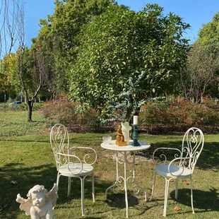 圆式 乡村铁艺做旧户外桌椅套件白色绿色花园M庭法阳台客厅院桌椅