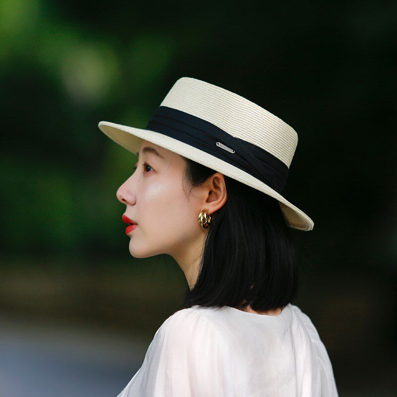 帽子女夏季凹顶太阳帽女凉帽英伦遮阳帽户外防风带新款遮阳帽草帽