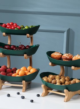 2/3 Tiers Plastic Fruit Plates With Wood Holder Oval Serving
