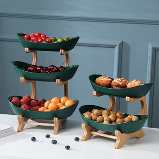2/3 Tiers Plastic Fruit Plates With Wood Holder Oval Serving