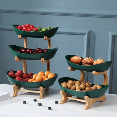 2/3 Tiers Plastic Fruit Plates With Wood Holder Oval Serving
