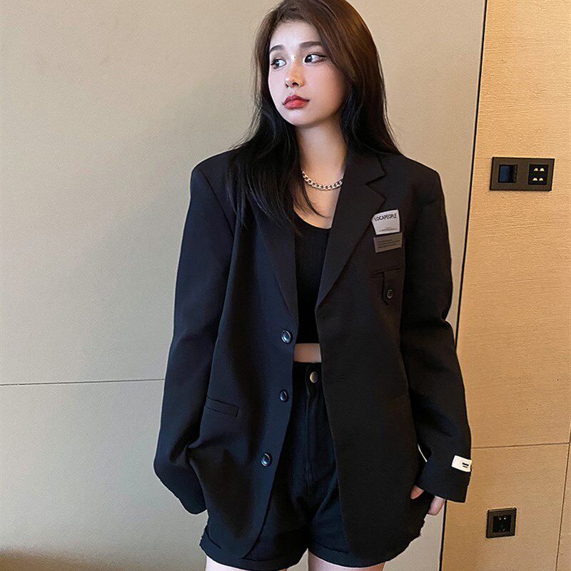 黑色休闲西装外套女秋季2022新款英伦风L宽松高级感西服设计感小