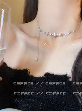 新品水滴四芒星拼接抽拉项链甜酷锆石星星耳钉choker套装