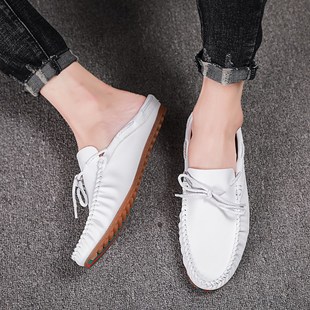 男款白色豆豆鞋半托n懒汉无后跟逗逗潮流发型师懒人拖鞋休息鞋皮