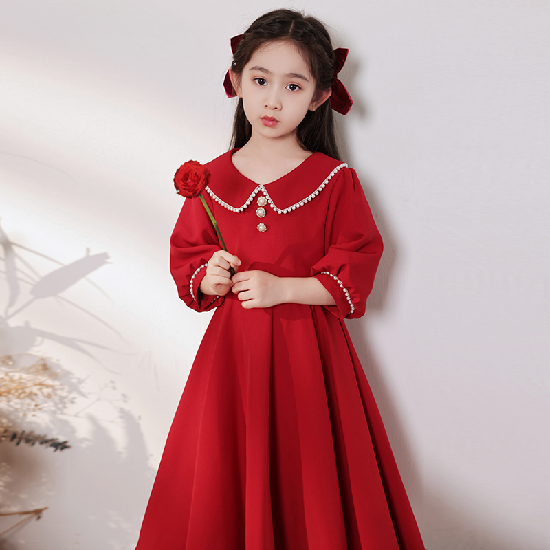 红色女童晚礼服高端儿童新年公主裙花童婚礼小女孩钢琴演奏演出服