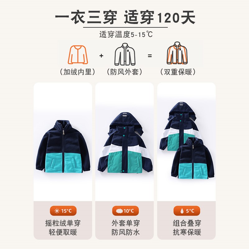 男童冲锋衣三合一可拆卸春s秋儿童外套春季宝宝春装加;.&&r;.&;