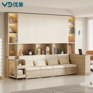 奶油风一体到顶书柜带卡座去客厅化书柜带玻璃门储物柜定制2F81